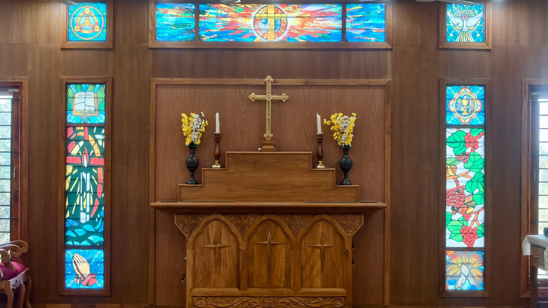 Chapel altar with stained glass at Krupa Sadanam, Chittoor